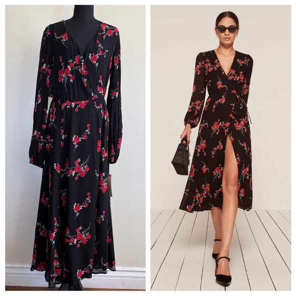 Reformation Dresses & Skirts - Reformation Womens Nicole Wrap Floral Midi Dress Long Sleeve Size L Boho Cottage